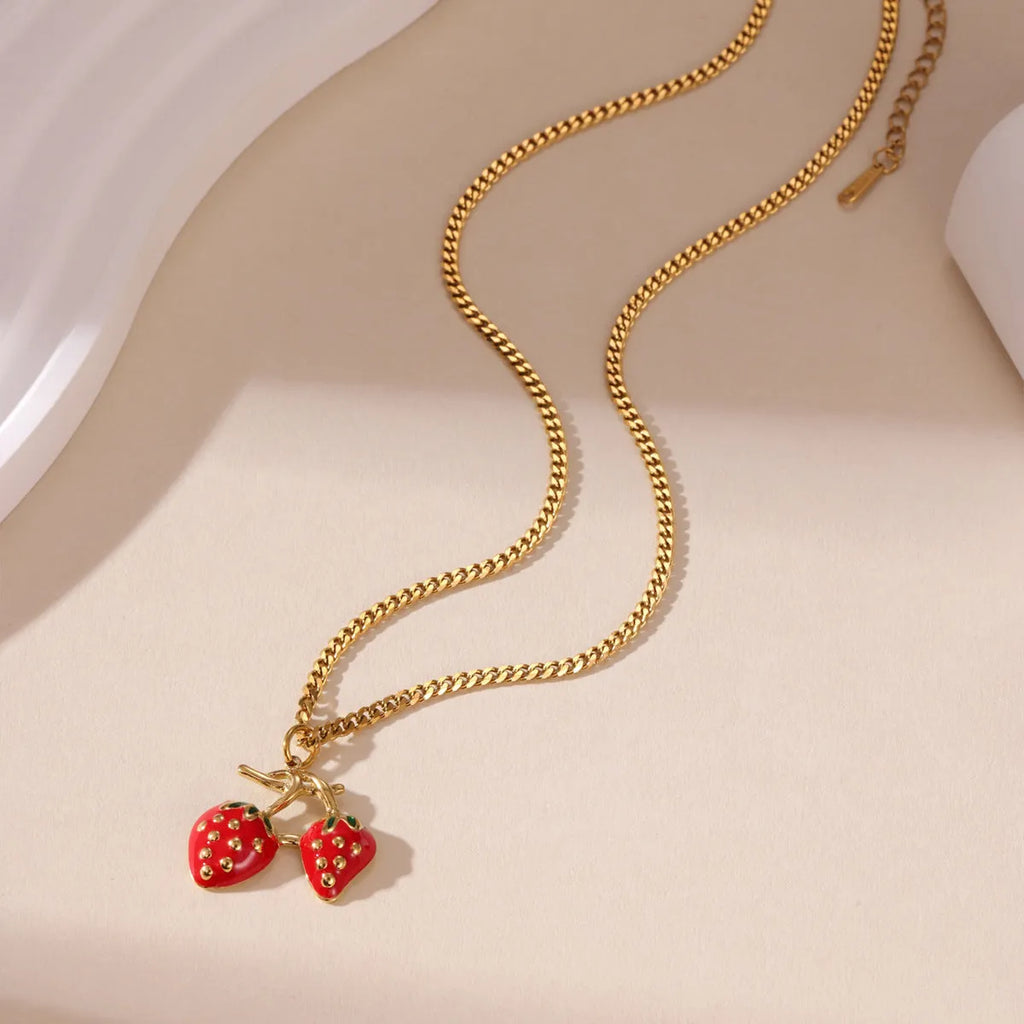 Strawberry fruit pendant necklace in stainless steel with red or white gradient finish
