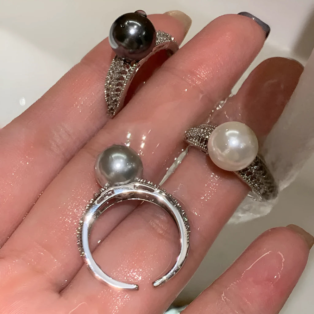Adjustable open index finger ring with geometric design in matte black pearl finish