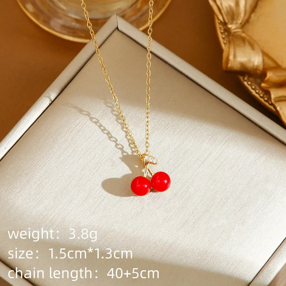 Red delicate indie cherry strawberry pepper necklace with titanium steel O-ring chain and golden pendant