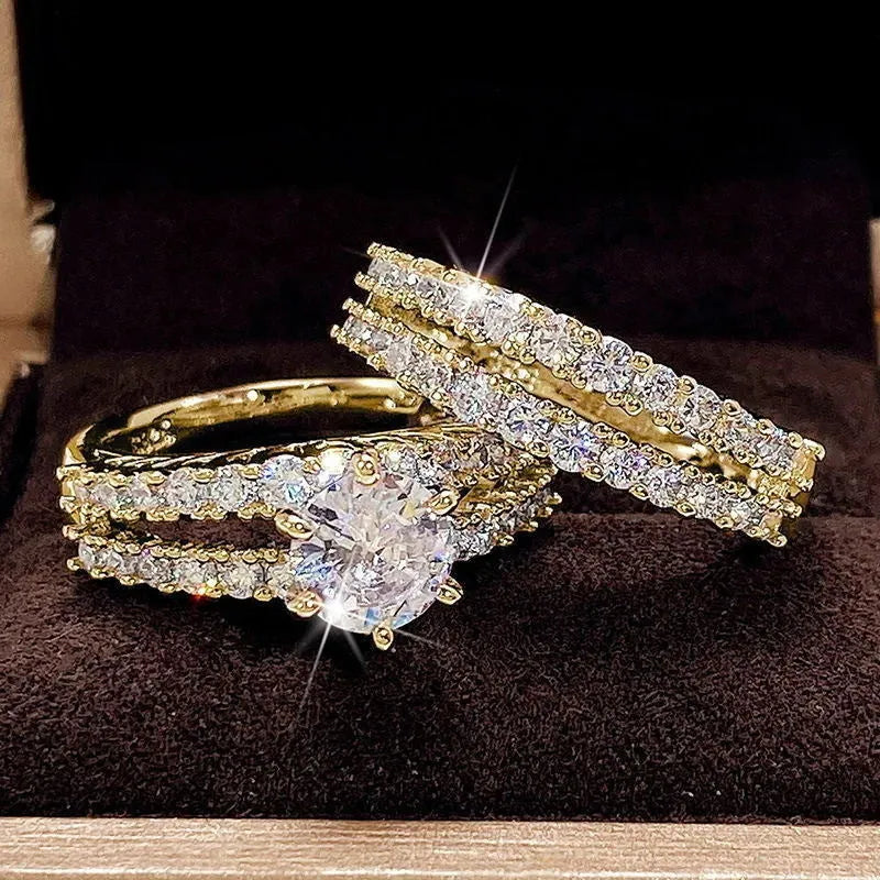Fully-jewelled 2-in-1 female ring set in geometry design with diamond treatment, shown in silver, gold, and rose gold colours.