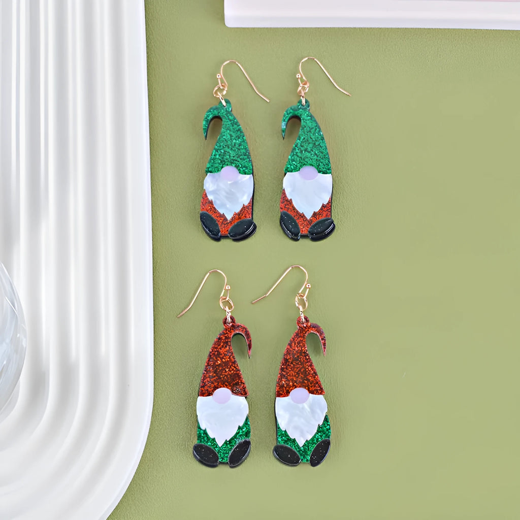 Santa Claus cartoon character acrylic earrings in red and green festive colours
