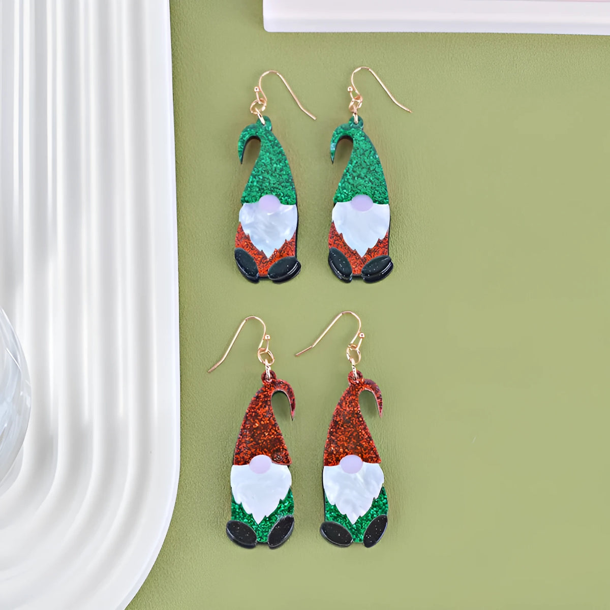 Santa Claus cartoon character acrylic earrings in red and green festive colours