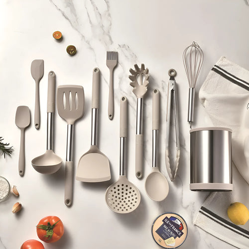 12 piece silicone kitchenware set with rotating storage bucket including ladle spatula and food clip in black