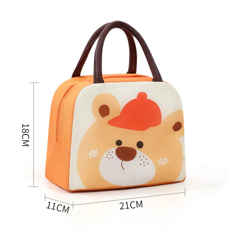 Cartoon insulated lunch box bag for children in multiple colour options with aluminium foil lining.