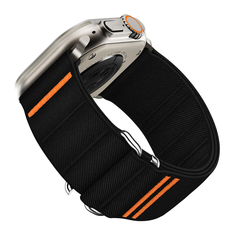 Elastic nylon Apple Watch band with stainless steel buckle in multiple colour options.