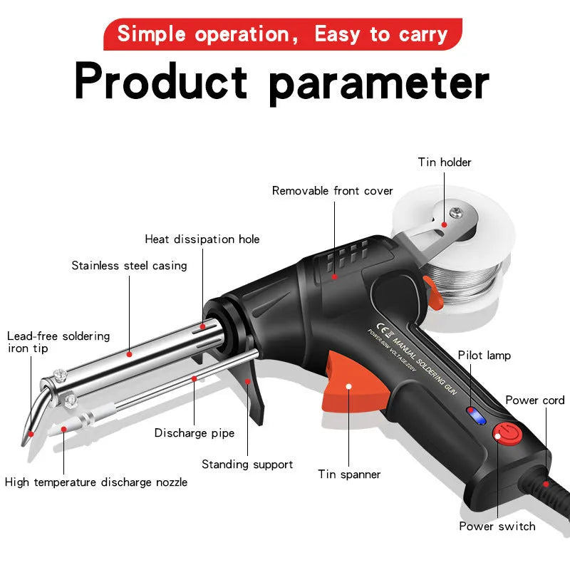Black G102 soldering gun with LED light, part of a five-piece tool kit on a workbench