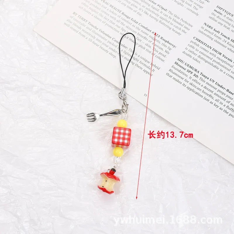 Plastic resin iPhone charm bag pendant keychain with fruit patterns including apple core and strawberry designs