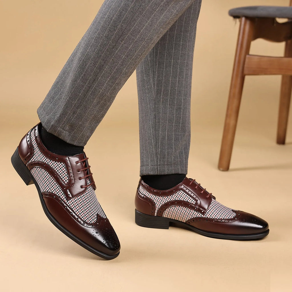 Men's black houndstooth patterned canvas lace-up shoes with a square toe and rubber sole.