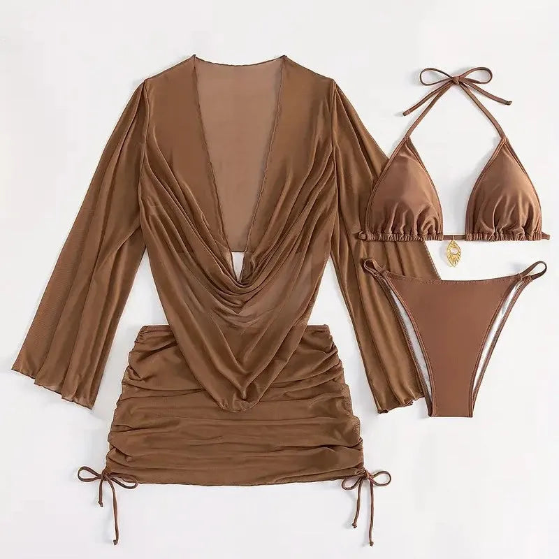 Dark brown lace-up backless women's bikini swimsuit laid flat