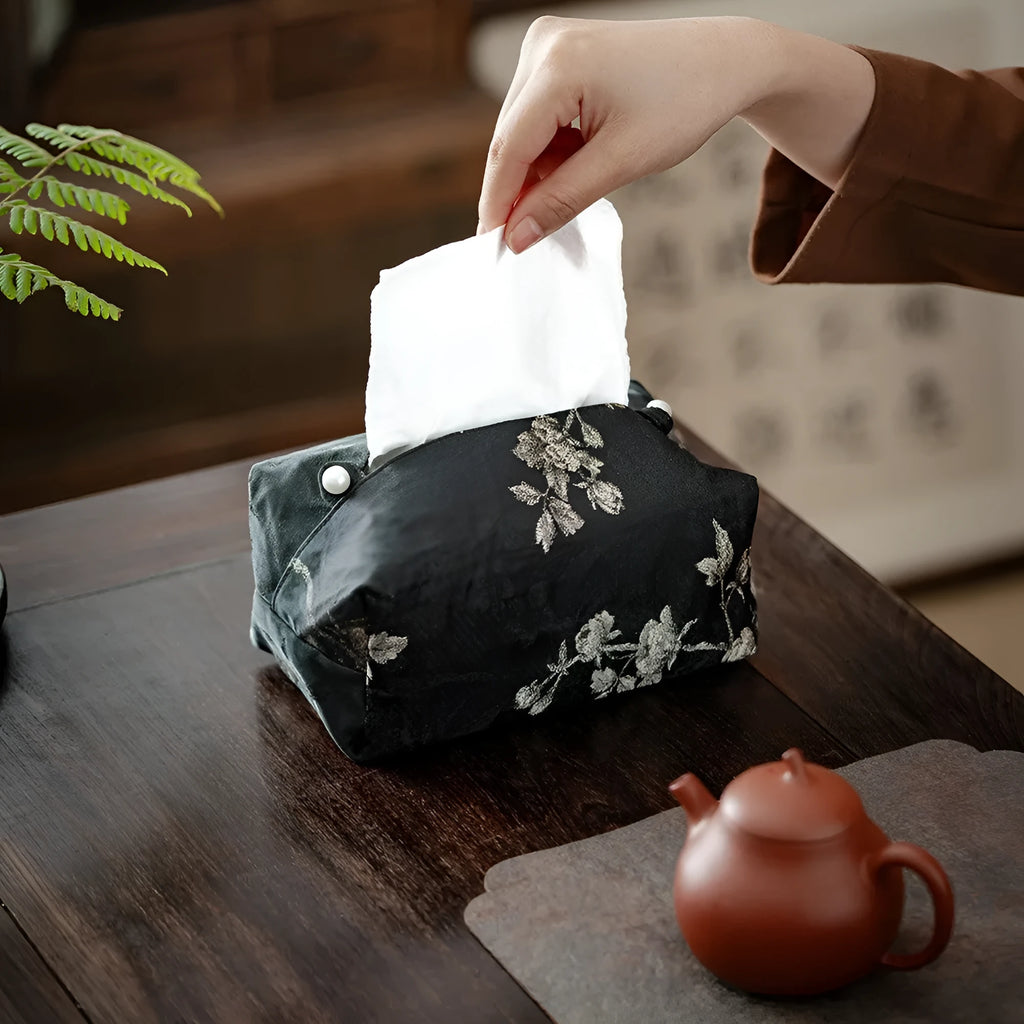New Chinese style brocade fabric tissue box with white plum blossom embroidery.