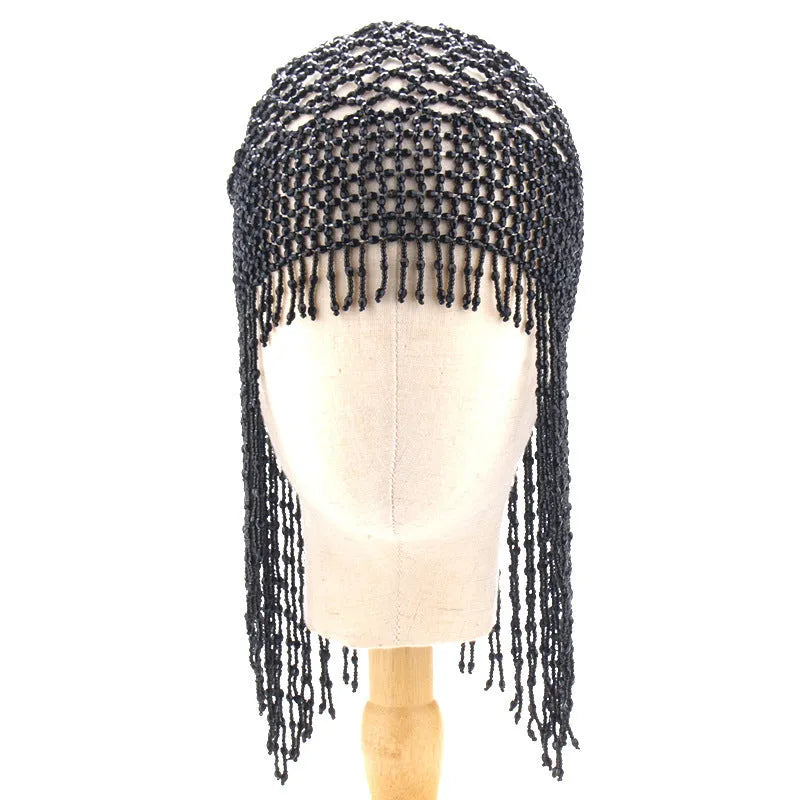 Alloy belly dance hat hair ornament with beaded tassels, 23cm wide decorative mesh