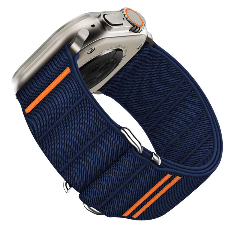 Elastic nylon Apple Watch band with stainless steel buckle in multiple colour options.