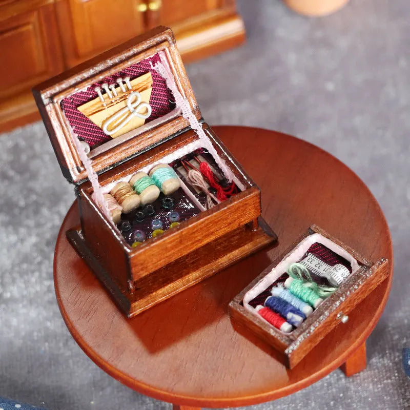 Miniature birch wood vintage sewing machine ornament measuring 2.2cm with European style design