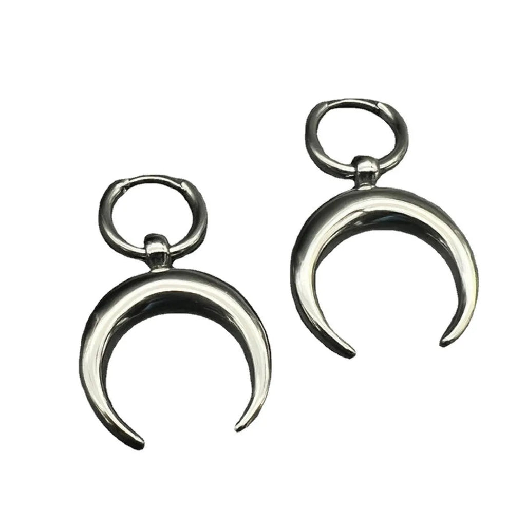 Silver alloy hoop earrings with moon detail and geometric shaping