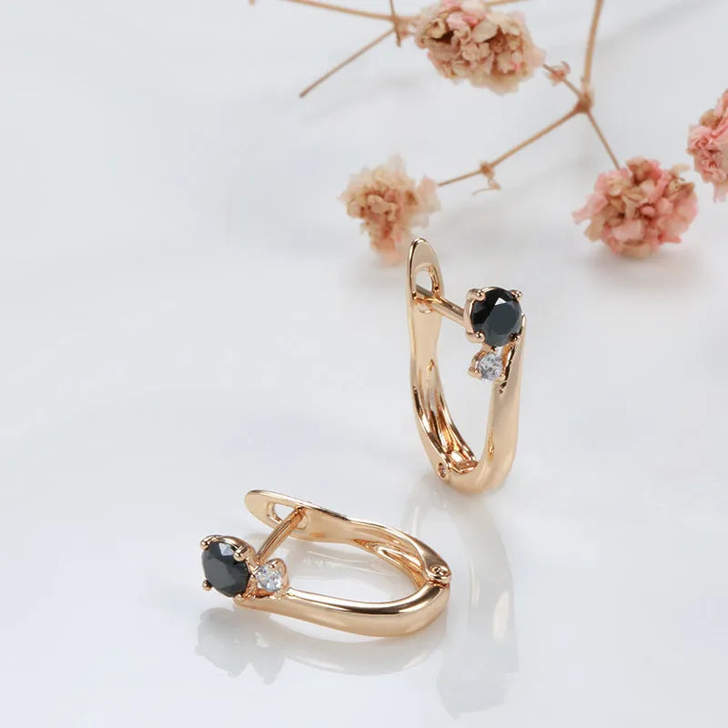 Women's black agate drop earrings in gold with geometric retro design and artificial gemstone inlay