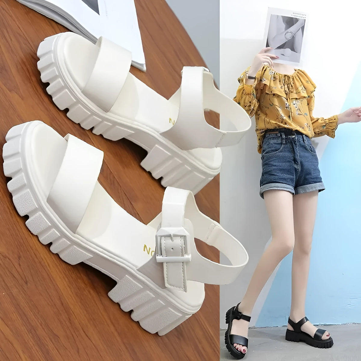 Women's beige peep toe platform sandals with an ankle-strap buckle on a wooden floor.
