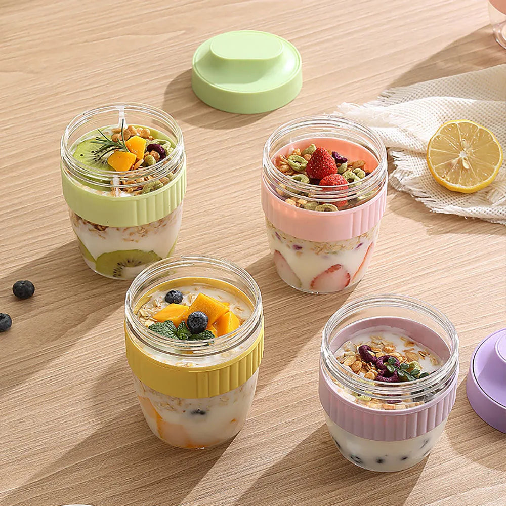 Green purple white pink salad cup with breakfast oat lid and spoon in 480ml or 570ml sizes