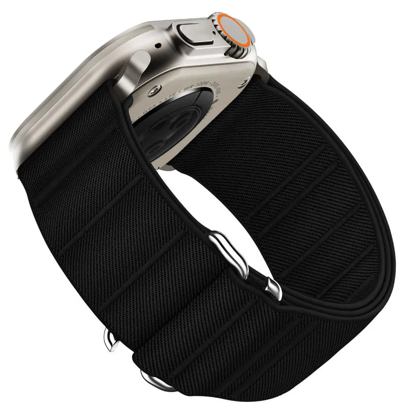 Elastic nylon Apple Watch band with stainless steel buckle in multiple colour options.