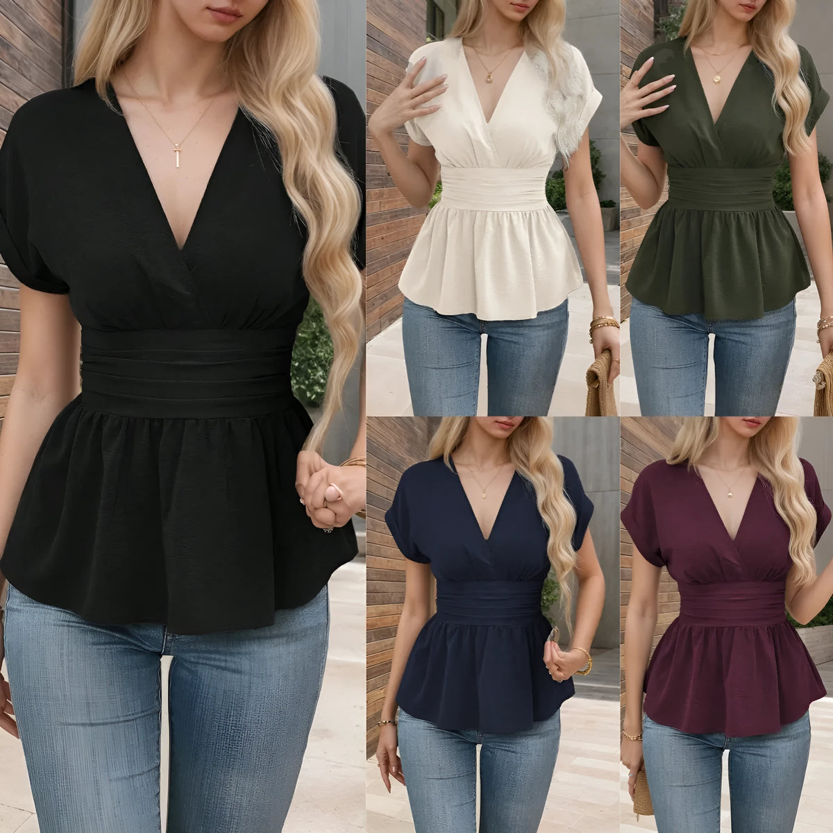 Women's slim fit V-neck short sleeve top with waist pleating in a solid colour.