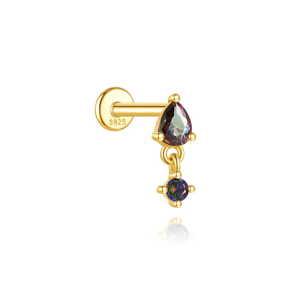 S925 sterling silver geometric earring with rainbow stone and flat head thread piercing in a gold colour.