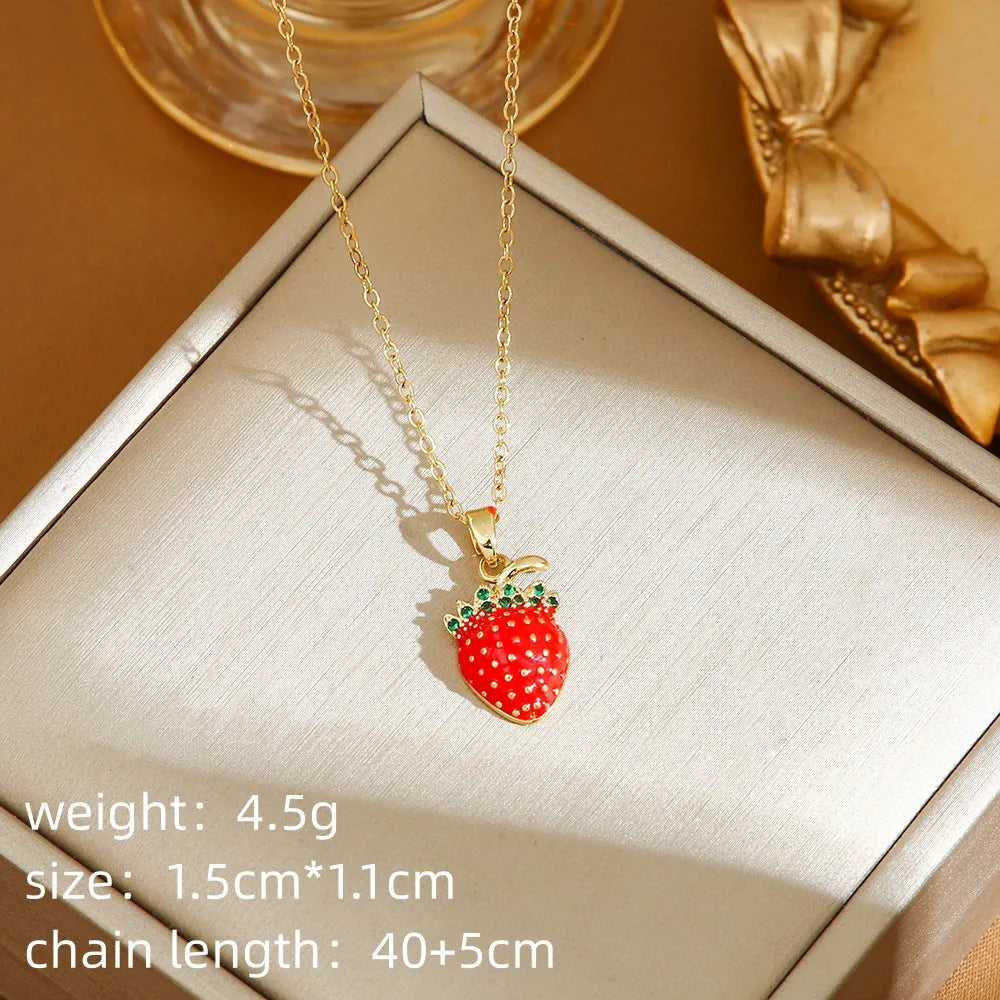 Red delicate indie cherry strawberry pepper necklace with titanium steel O-ring chain and golden pendant