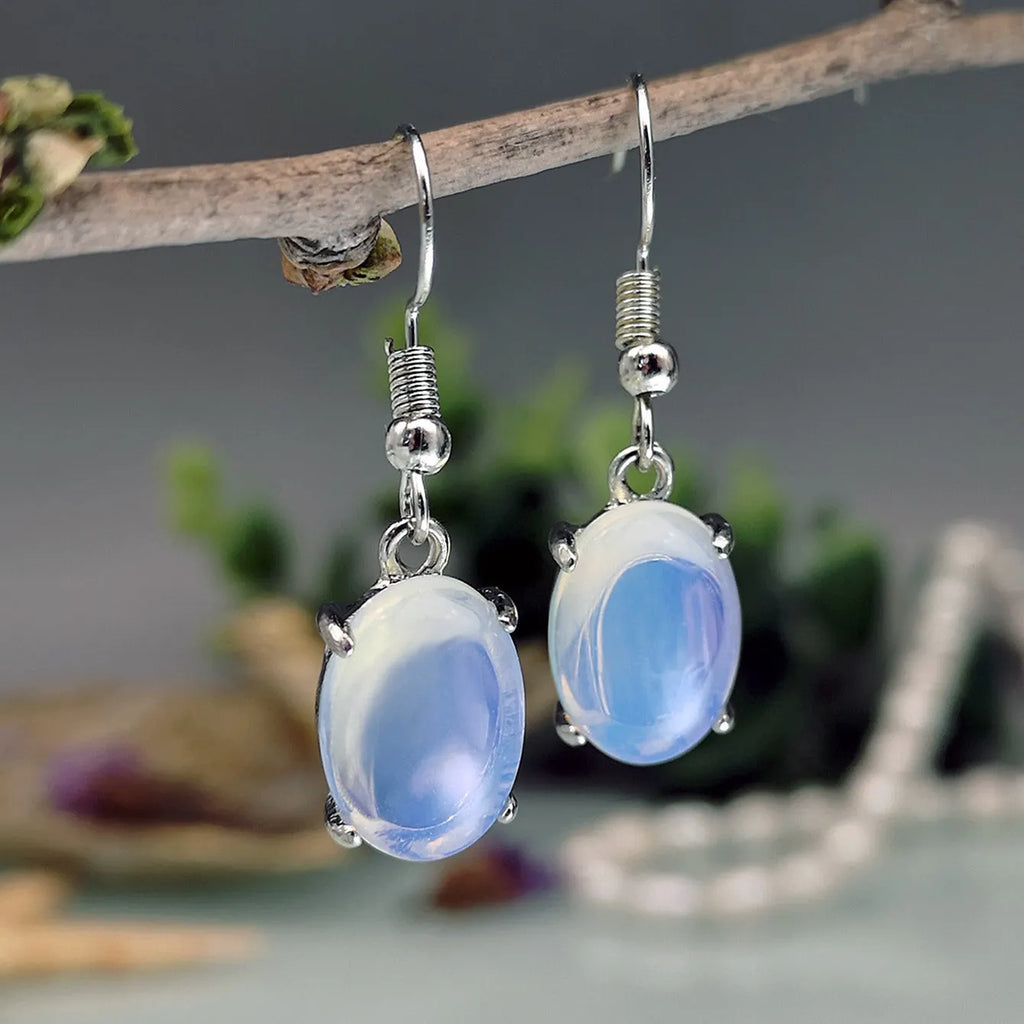 Moonlight white opal drop earrings with ellipse shape and alloy electroplated finish
