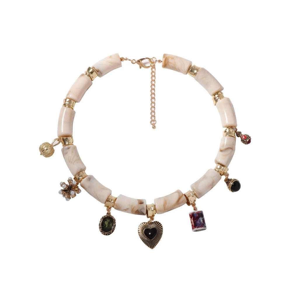 Heart shaped resin and bamboo pendant necklace with electroplated finish for women
