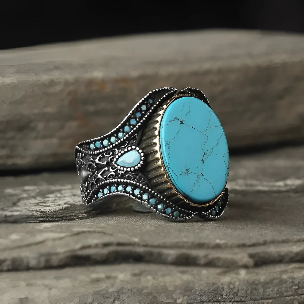 Men's antique silver alloy ring with turquoise centre on round band