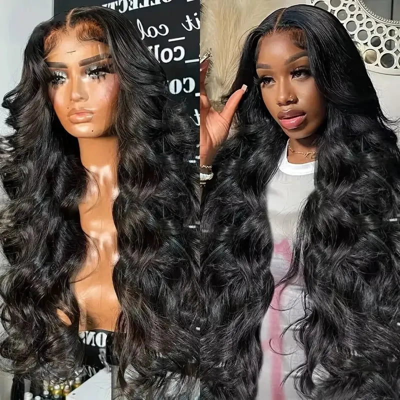 Black synthetic wig with big wavy hairstyle on a mannequin head.