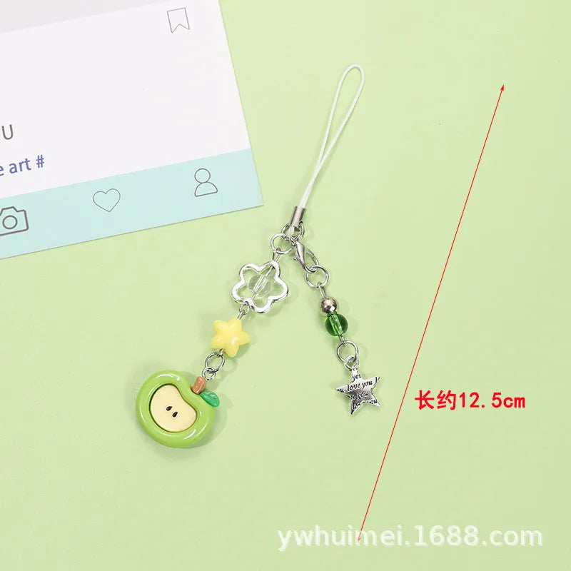 Plastic resin iPhone charm bag pendant keychain with fruit patterns including apple core and strawberry designs
