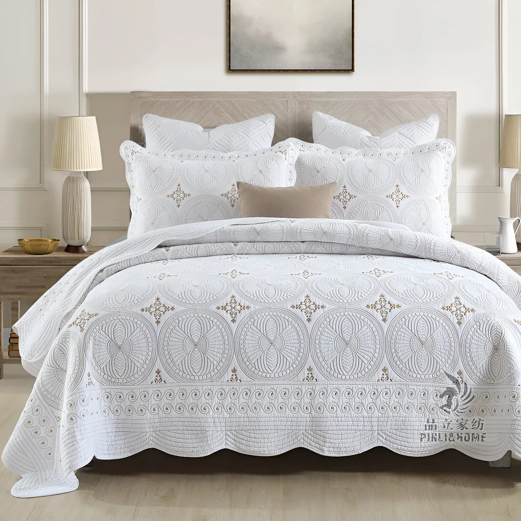 Double-thick pure cotton bed cover set with European-style embroidery for 1.8 metre beds
