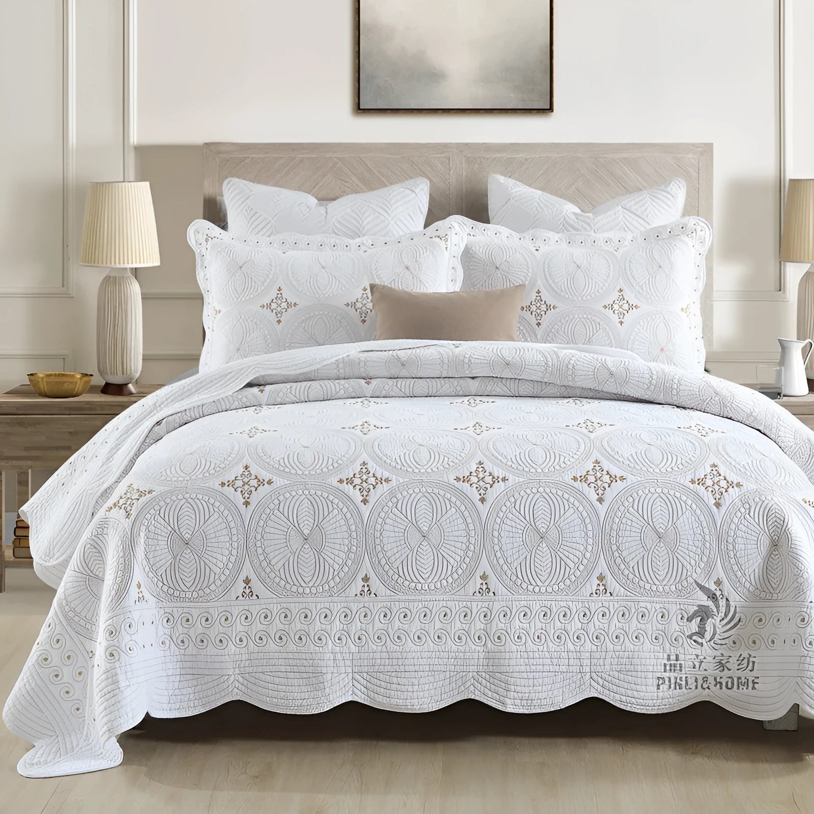 Double-thick pure cotton bed cover set with European-style embroidery for 1.8 metre beds