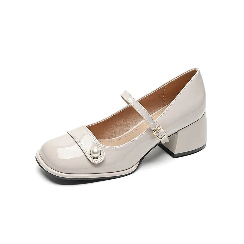 Women's patent leather chunky heel pumps with buckle closure and square toe