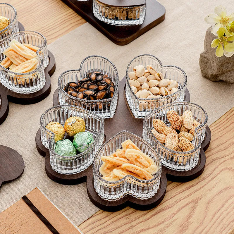 Glass snack serving tray with transparent heart-shaped lid in retro style, shown in 2-grid, 3-grid, 4-grid, and 5-grid options.