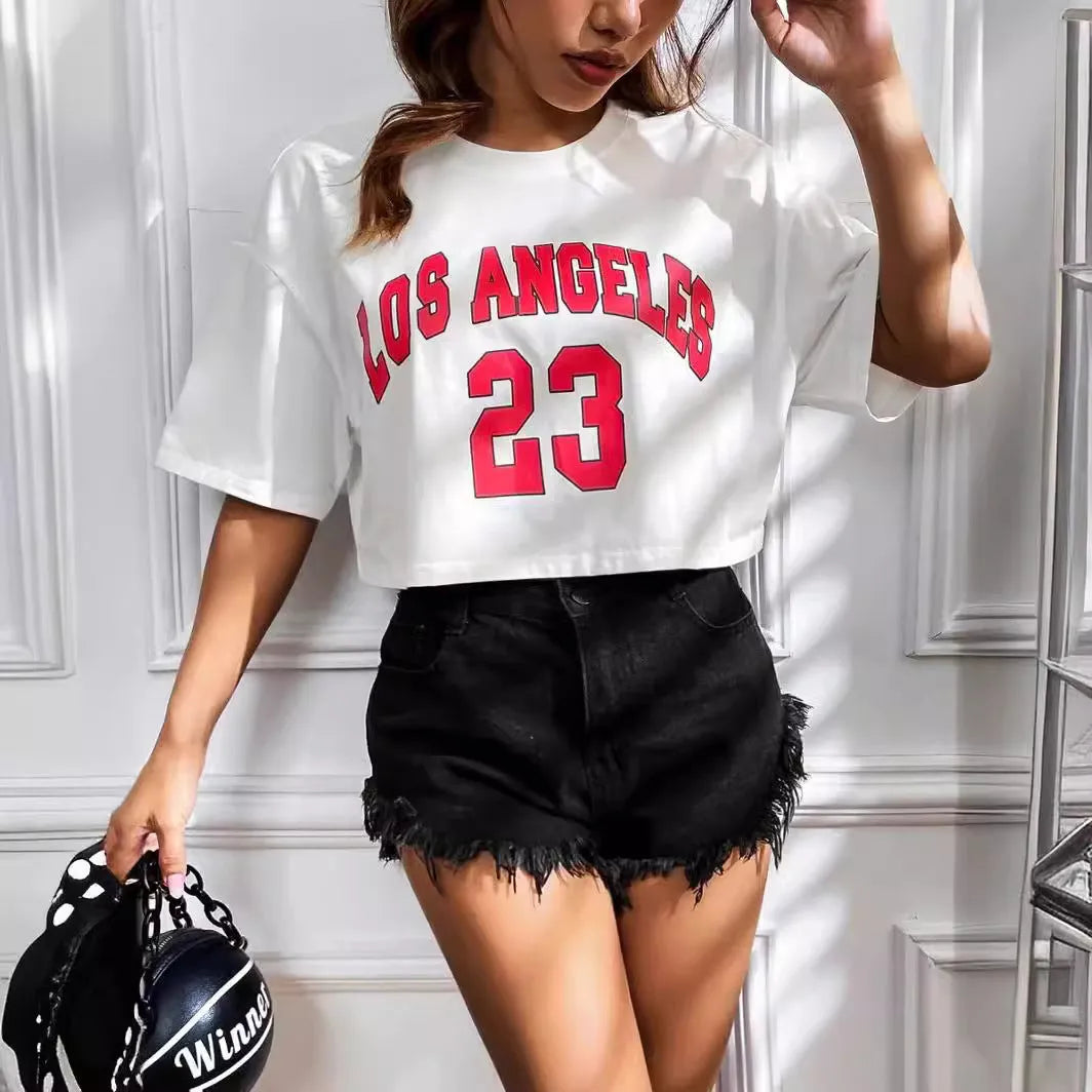 Black cotton summer t-shirt with personalised white English letters print and exposed navel design