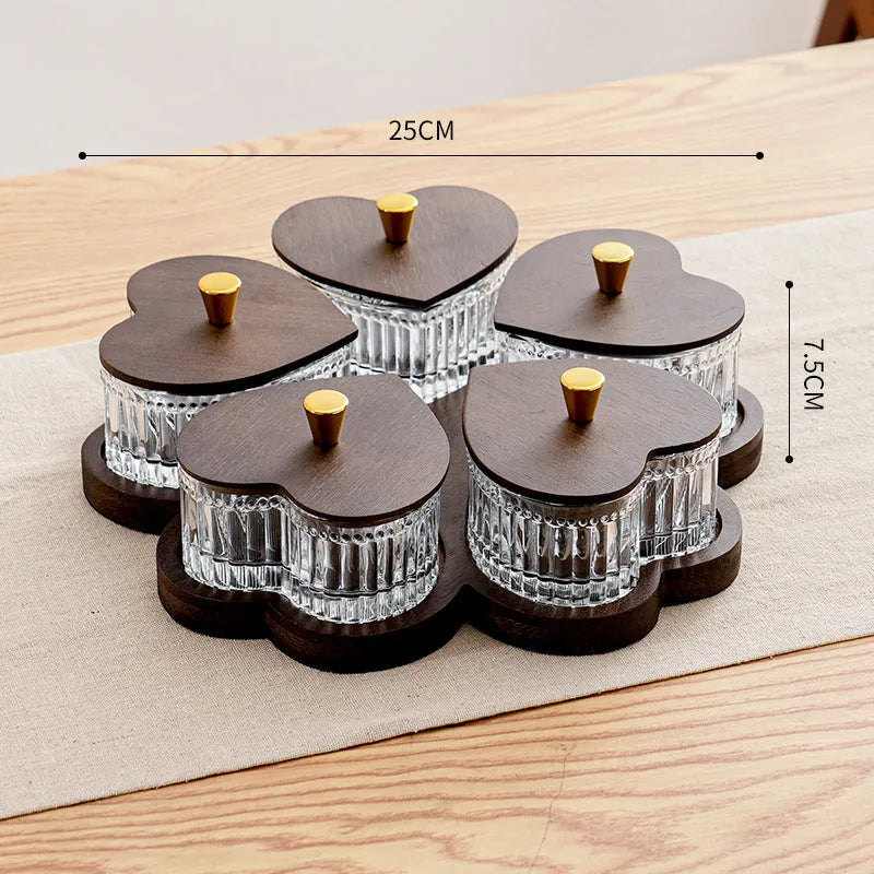Glass snack serving tray with transparent heart-shaped lid in retro style, shown in 2-grid, 3-grid, 4-grid, and 5-grid options.