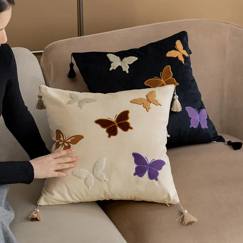 Square embroidered butterfly cushion with Chinese pattern in beige black purple colours
