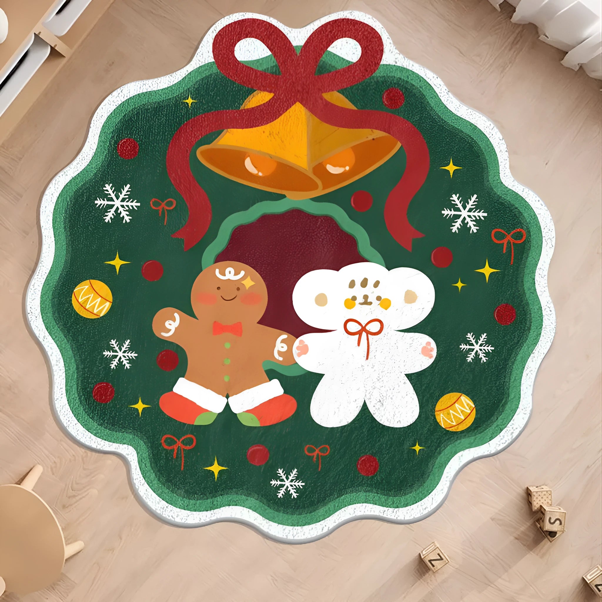 Round green and red Christmas-themed imitation cashmere floor mat with festive patterns.