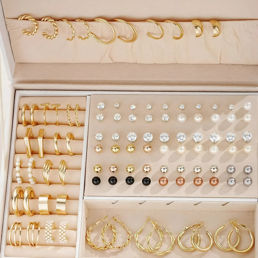 108 geometric alloy earrings with gold and yellow electroplated finishes arranged in combination set