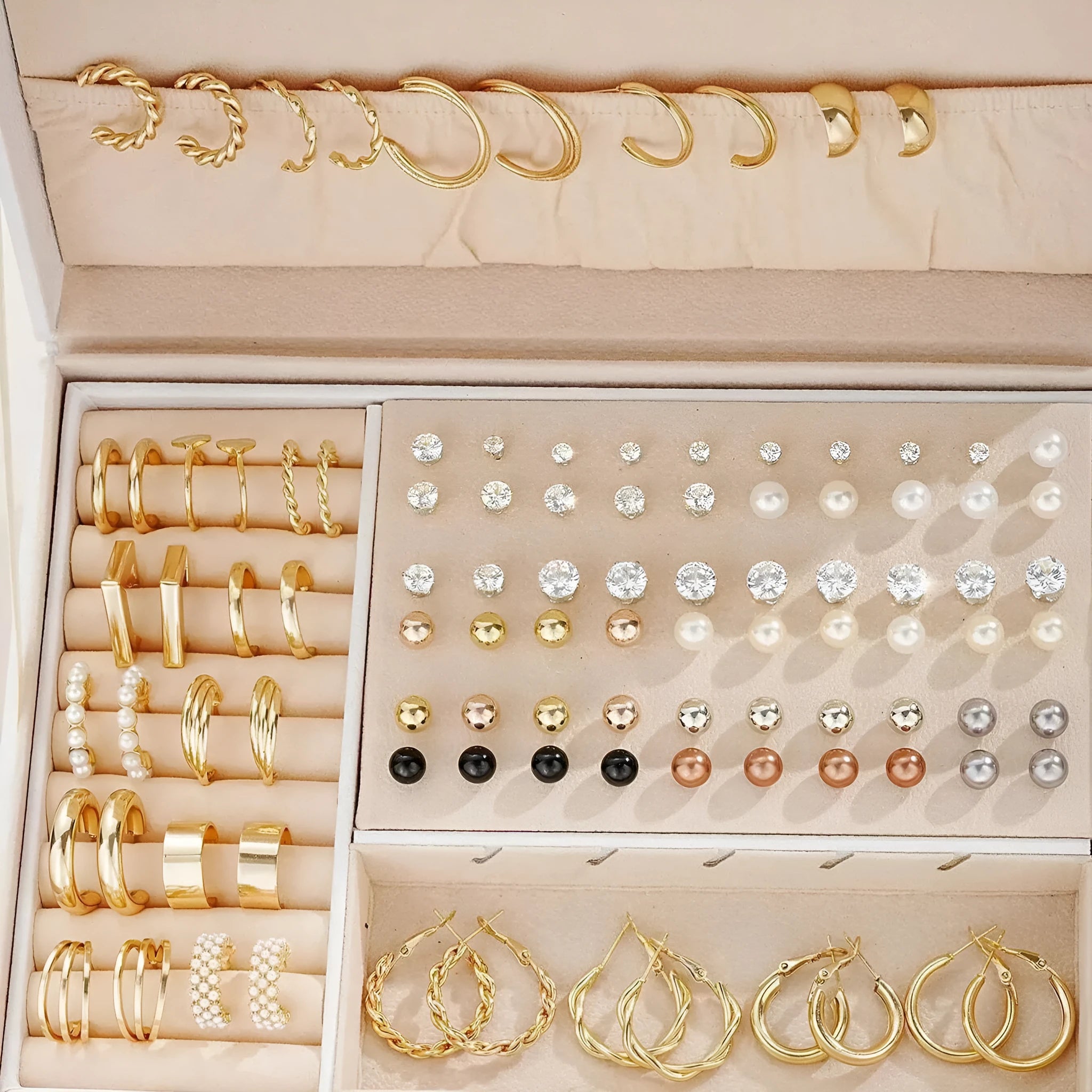 108 geometric alloy earrings with gold and yellow electroplated finishes arranged in combination set