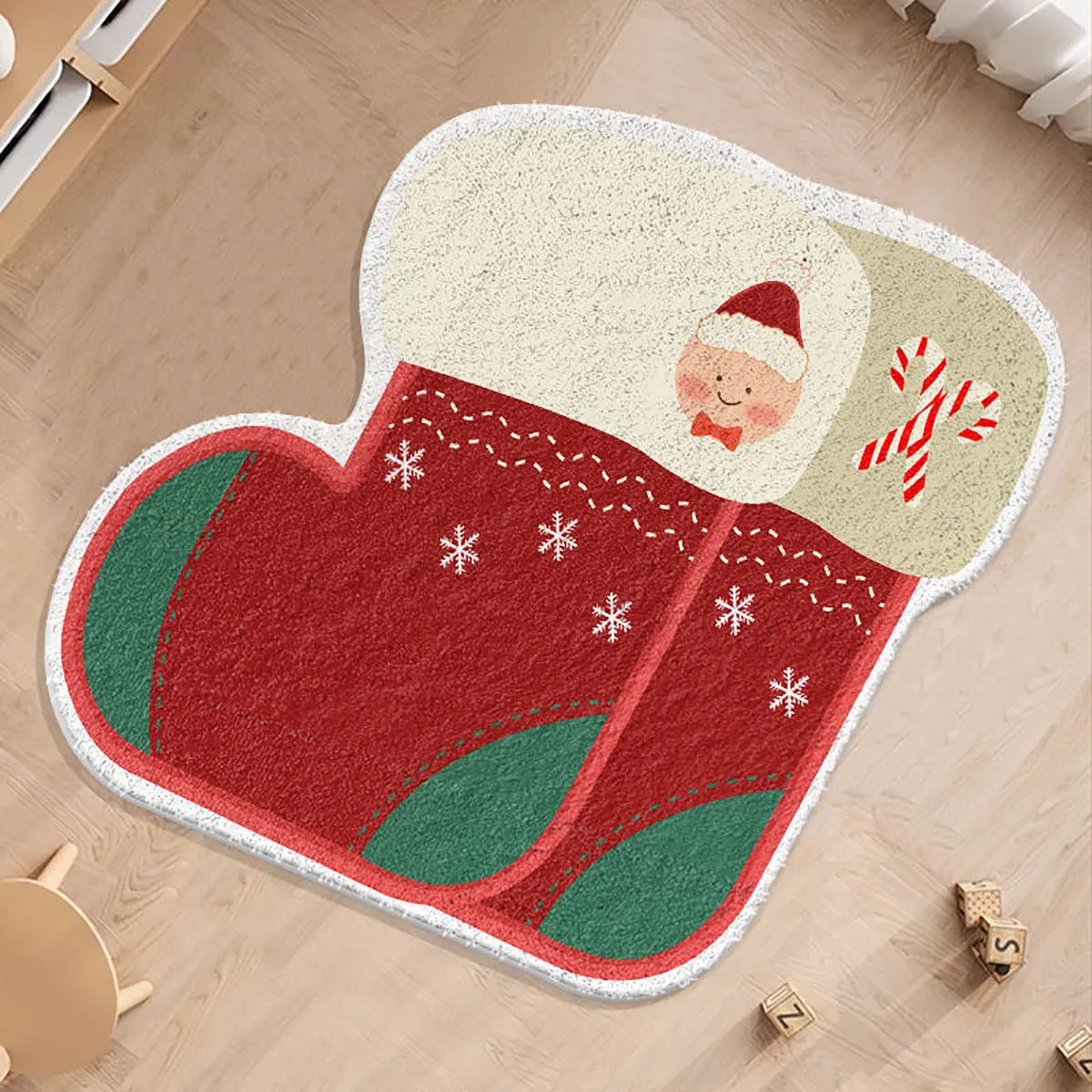 Round green and red Christmas-themed imitation cashmere floor mat with festive patterns.