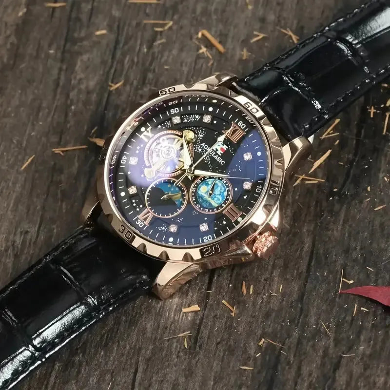 Automatic mechanical watch with hollow dial, black leather strap, and rose gold shell casing