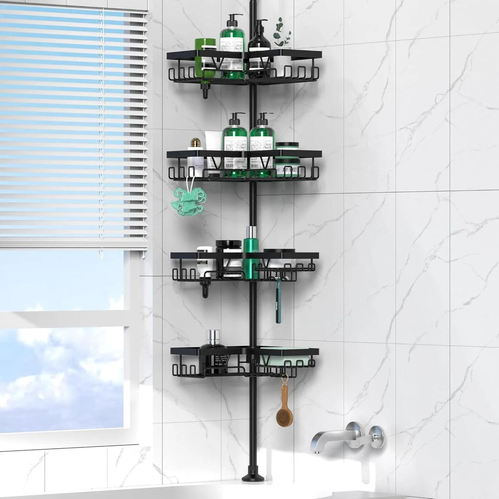 Hole-free retractable bathroom storage rack with 4 stainless steel shelves and iron frame