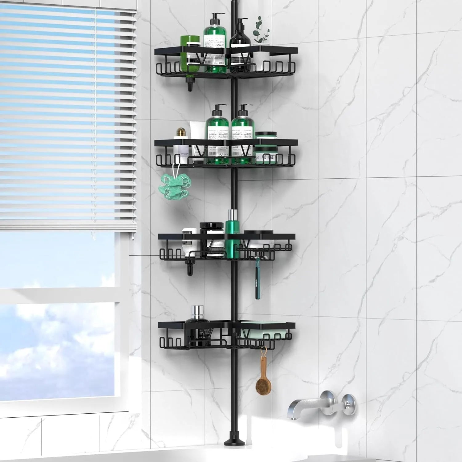 Hole-free retractable bathroom storage rack with 4 stainless steel shelves and iron frame