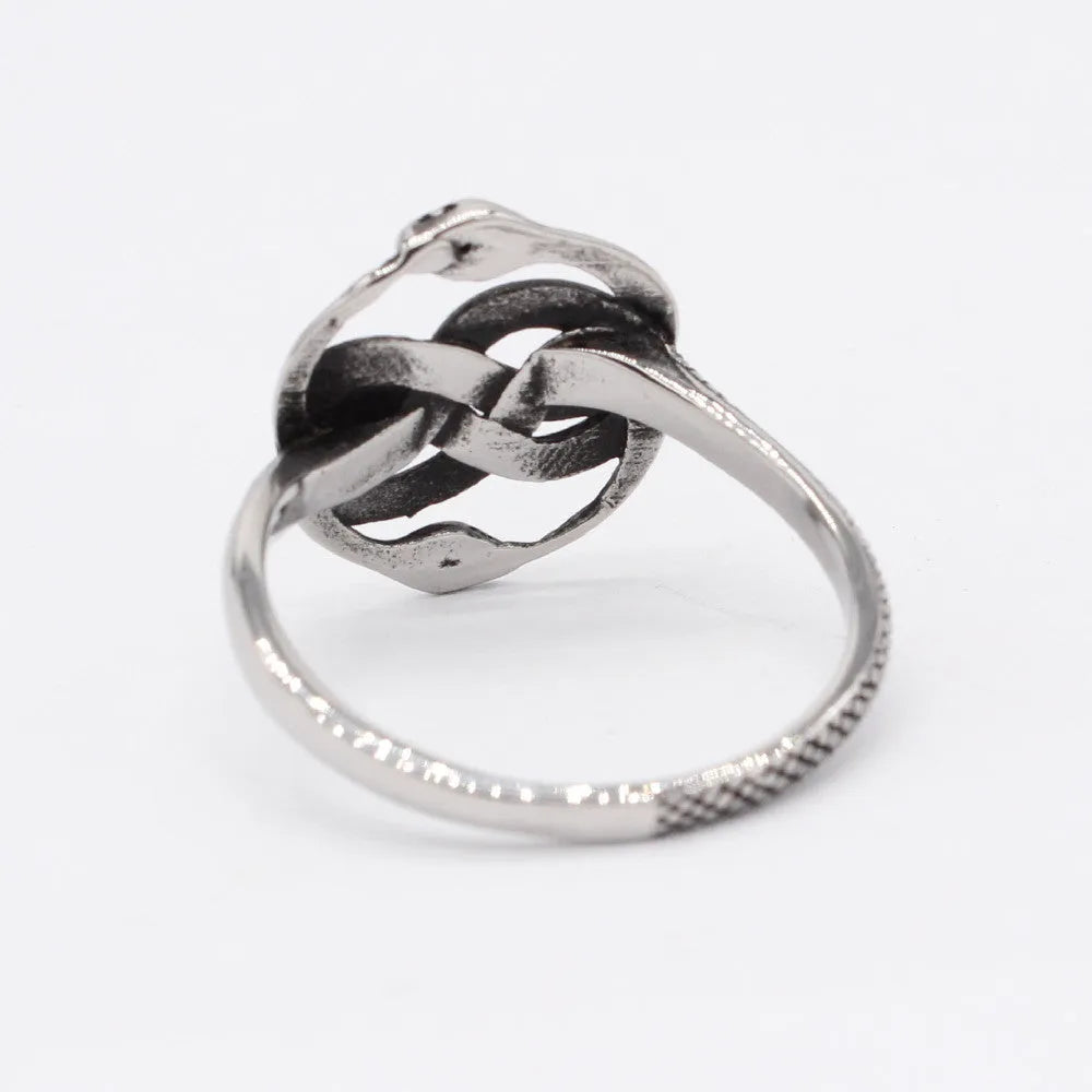 Steel-coloured titanium steel retro ring with a detailed double snake design on a finger.