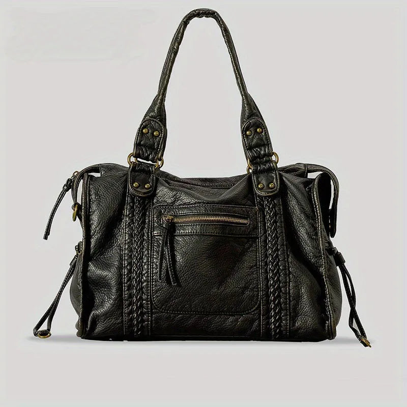 Women's French retro motorcycle messenger shoulder bag in soft PU leather with woven detailing