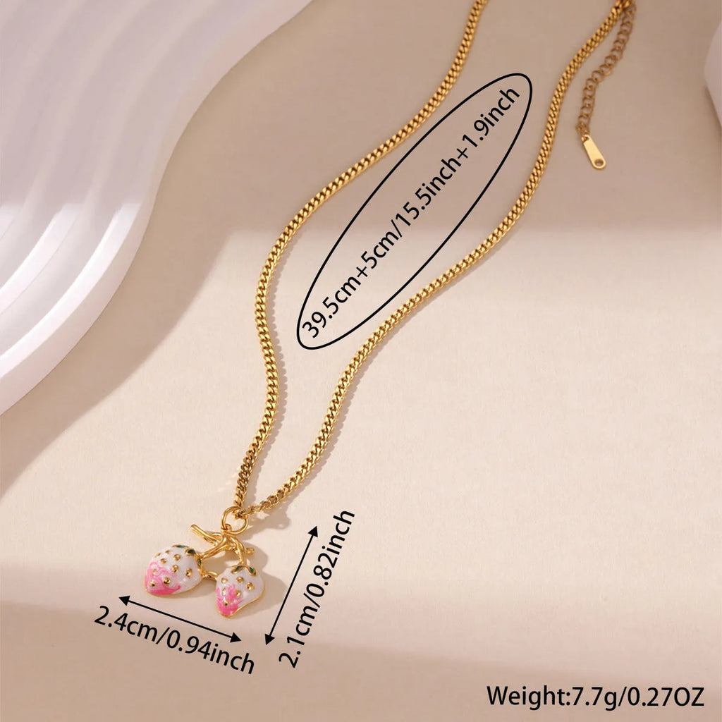 Strawberry fruit pendant necklace in stainless steel with red or white gradient finish
