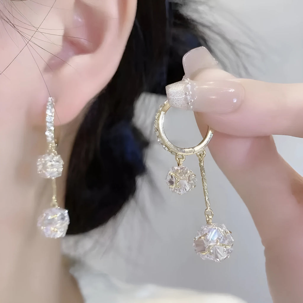 Silver women's drop earrings with tassel ball and rhinestone ball confession balloon design