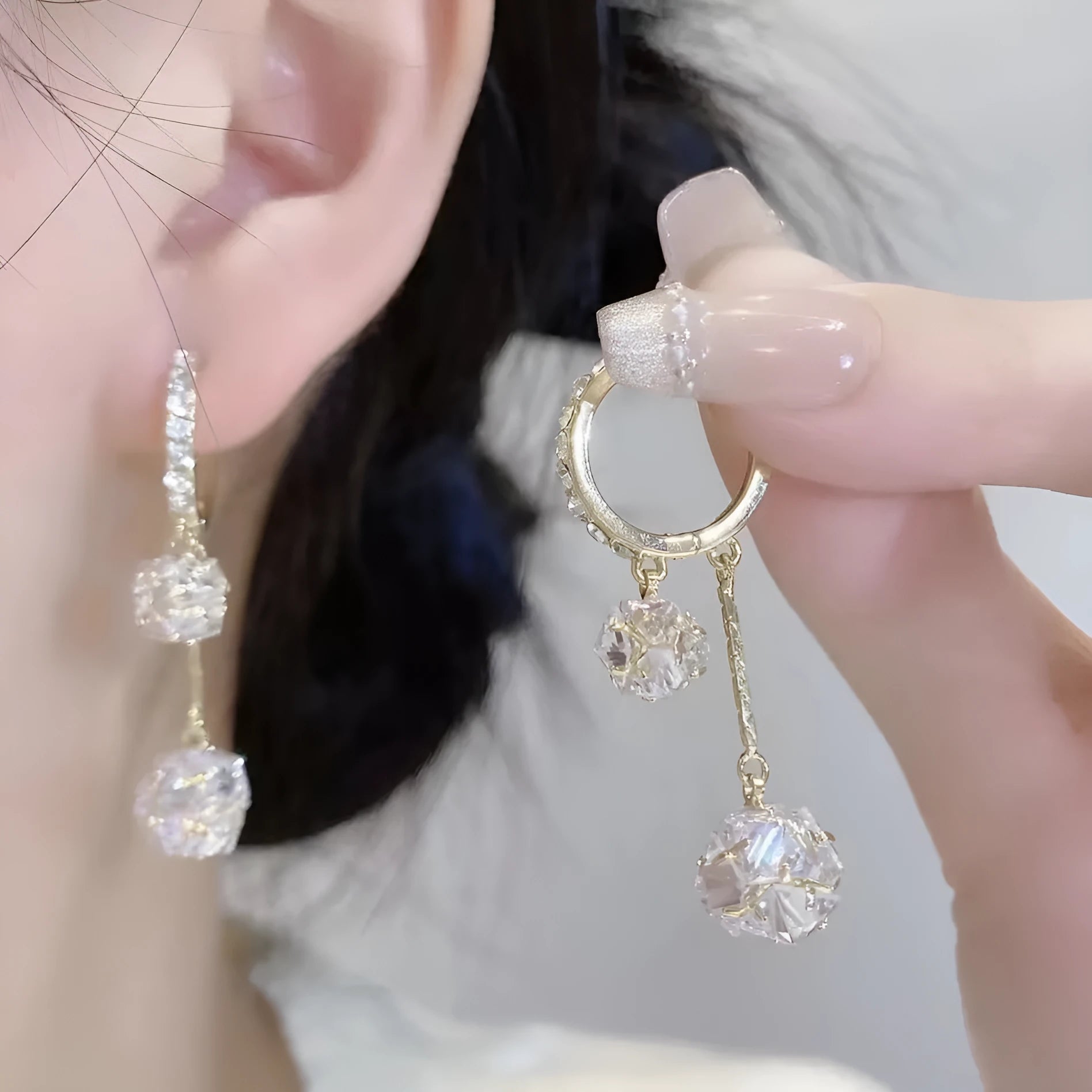 Silver women's drop earrings with tassel ball and rhinestone ball confession balloon design
