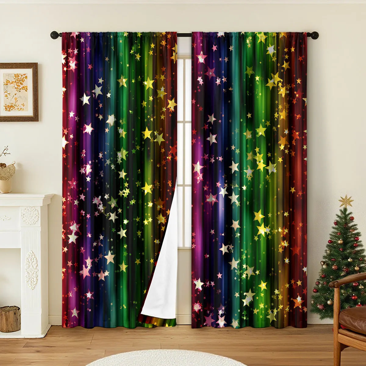 Set of two 3D digitally printed Christmas curtains with festive patterns